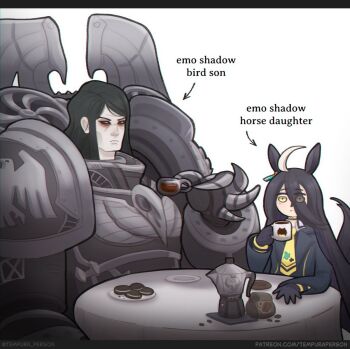 1boy 1girl armor black_hair black_sclera coffee_beans coffee_mug colored_sclera commentary crossover cup english_commentary horse_girl horse_tail konrad_curze long_hair manhattan_cafe_(creeping_shadow)_(umamusume) manhattan_cafe_(umamusume) mug night_lords oreo pauldrons power_armor primarch shoulder_armor size_difference table tail tempura_person warhammer_40k yellow_eyes