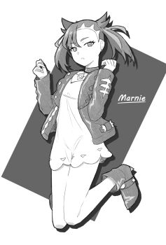 1girl ayu_(ddestiny944) boots character_name dress ear_piercing full_body greyscale highres jacket jumping long_hair long_sleeves looking_at_viewer marnie_(pokemon) midair monochrome nintendo open_clothes open_jacket parted_lips piercing pokemon pokemon_swsh short_twintails solo twintails