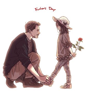 1boy 1girl avengers:_endgame avengers_(series) child closed_mouth commentary_request denim english_text facial_hair father&#039;s_day father_and_daughter flower hat hat_flower highres holding holding_flower jacket jewelry leaf long_sleeves looking_at_another marvel marvel medium_hair mochishio morgan_stark open_clothes open_jacket pants puffy_short_sleeves puffy_sleeves red_flower red_rose ring rose shirt shoes short_hair short_sleeves simple_background smile sneakers socks standing t-shirt tony_stark white_background