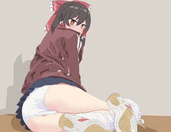 1girl absurdres alternate_costume ass black_hair blue_skirt blush bow bright_pupils commentary_request doubutsu_koujou frilled_bow frilled_hair_tubes frills hair_bow hair_tubes hakurei_reimu highres jacket long_sleeves looking_at_viewer looking_back miniskirt panties pleated_skirt red_eyes red_jacket shoes sitting skirt sneakers socks solo touhou track_jacket underwear white_panties white_pupils white_socks yokozuwari