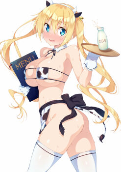 1girl :d animal_ears animal_print apron ass bare_shoulders bikini bikini_top_only blend_s blonde_hair blue_eyes blush bottle breasts commentary_request cow_ears cow_horns cow_print cow_print_apron cow_tail detached_collar ear_tag eyepatch_bikini fake_animal_ears fake_horns gloves hair_between_eyes hairband highres hinata_kaho horns kazuma_(kazumav) large_breasts long_hair menu milk milk_bottle no_panties nose_blush open_mouth print_apron print_bikini simple_background smile solo sweat swimsuit tail thighhighs tray twintails very_long_hair waist_apron white_background white_gloves white_hairband white_thighhighs
