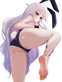 1girl absurdres animal_ears ass ass_focus barefoot closed_mouth fake_animal_ears fake_tail feet foot_focus from_below gem grey_hair highres hololive hololive_english jewel_under_eye koseki_bijou leg_lift leotard loli long_hair material_growth partially_visible_vulva playboy_bunny puponya purple_eyes purple_gemstone purple_leotard rabbit_ears rabbit_tail simple_background soles solo tail toes virtual_youtuber white_background wrist_cuffs