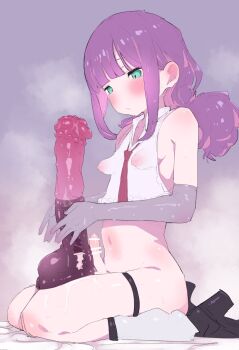 Rule 34 | 1girl, animal dildo, bar censor, black shoes, blush, breasts, censored, commentary request, covered erect nipples, dildo, elbow gloves, emanonta, erection, from side, futanari, gloves, green eyes, grey gloves, high heels, highres, horse dildo, long hair, navel, necktie, original, penis, purple hair, red necktie, sex toy, shirt, shoes, sitting, sleeveless, sleeveless shirt, small breasts, solo, thigh strap, white shirt