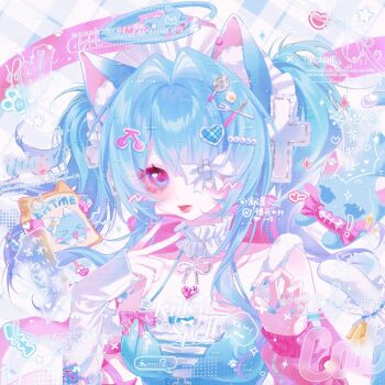 Rule 34 | 1girl, ahoge, animal ear fluff, animal ears, bandaid, bare shoulders, blue eyes, blue hair, blue nails, blush, bow, breasts, cat, cat ears, cat girl, cat tail, detached sleeves, dress, eyepatch, frills, hair intakes, hair ornament, hairclip, halo, heart, heart hair ornament, image sample, jileqizhanshi, long hair, long sleeves, looking at viewer, medical eyepatch, mihuashi sample, nail art, original, pastel colors, pink bow, pink eyes, ribbon, solo, tail, tail ornament, tongue, tongue out, twintails, upper body, white bow