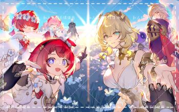 Rule 34 | 2boys, 5girls, aglaea (honkai: star rail), anaxa (honkai: star rail), black gloves, blonde hair, blue eyes, blue sky, breasts, chinese commentary, cipher (honkai: star rail), cleavage, commentary request, cross-shaped pupils, cy fei, dress, female pov, gloves, green eyes, green hair, head wreath, highres, holding hands, honkai: star rail, honkai (series), hyacine (honkai: star rail), large breasts, multiple boys, multiple girls, mydei (honkai: star rail), pink hair, pointy ears, pov, pov hands, reaching, reaching towards viewer, red hair, short hair, sky, small breasts, smile, spirithief bartholos (honkai: star rail), symbol-shaped pupils, trinnon (honkai: star rail), twintails, white dress