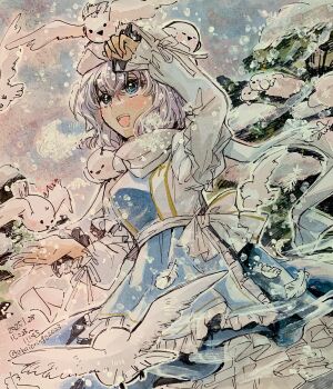 1girl absurdres animal animal_on_head apron bird blue_eyes highres iori_(akaringo) lapel_pin letty_whiterock long_sleeves looking_up medium_hair on_head painting_(medium) shirt snowing solo touhou traditional_media triangular_headpiece waist_apron watercolor_(medium) white_shirt