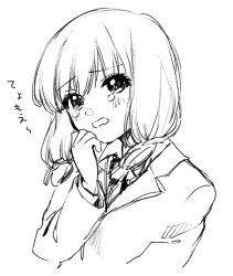 Rule 34 | 1girl, bang dream!, blush stickers, coattails, collared jacket, collared shirt, commentary request, cropped torso, crying, crying with eyes open, eyelashes, greyscale, hair over shoulder, hand on own cheek, hand on own face, jacket, layered sleeves, long hair, long sleeves, low-tied long hair, low twintails, monochrome, necktie, no+bi=, open mouth, sad, school uniform, shirt, simple background, sketch, solo, teardrop, tears, twintails, uehara himari, wavy mouth, white background