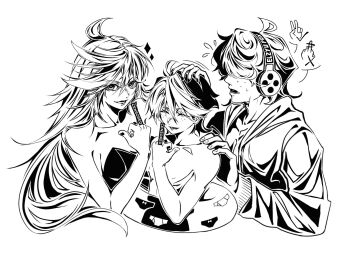 1girl 2boys armpits bar_censor bare_shoulders bikini breasts brief_(psg) caos_elzyu censored couple family father_and_son greyscale hair_over_eyes happy headphones highres husband_and_wife junior_(psg) long_hair looking_at_viewer medium_breasts middle_finger monochrome mother_and_son multiple_boys navel nipples panty_&amp;_stocking_with_garterbelt panty_(psg) short_hair simple_background smile swim_ring swimsuit topless_male water white_background worried