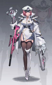 1girl absurdres asymmetrical_footwear black_choker black_garter_straps black_gloves boots breasts brown_thighhighs chinese_commentary choker coat coat_on_shoulders commentary_request full_body garter_straps gloves gun half_gloves hat high_heel_boots high_heels highres holding holding_gun holding_weapon jacket lace lace-trimmed_thighhighs lace_trim large_breasts long_sleeves mechanical_arms military_uniform original red_eyes red_hair rifle science_fiction short_hair solo thighhighs v weapon white_boots white_coat white_hat white_jacket youlan