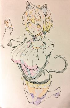 Rule 34 | 1girl, animal ears, black jacket, blush, bow, bowtie, braid, breasts, brown hair, cat ears, cat tail, collared shirt, commentary request, hair between eyes, hair ornament, highres, jacket, kneeling, koiwai yoshino, large breasts, loafers, long sleeves, looking at viewer, masamune-kun no revenge, open mouth, paw pose, pink shirt, pleated skirt, ribbed shirt, sharekoube, shirt, shoes, short hair, skirt, solo, tail, thighhighs, traditional media, yellow eyes