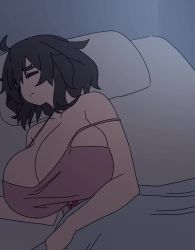 1girl ahoge animated bed bouncing_breasts breasts brown_hair cleavage closed_eyes collarbone huge_breasts indoors insomnia-chan interior kay_yu original pillow short_hair solo split_mouth under_covers video