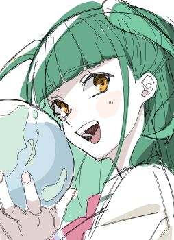 Rule 34 | 1girl, :d, absurdres, blunt bangs, commentary request, green hair, highres, holding globe, ikizulive! 1st live ~what is my l?~, ikizulive! love live! bluebird, love high school uniform, love live!, love you save the earth!!, neckerchief, open mouth, orange eyes, pink neckerchief, portrait, rakko no yu uyu, school uniform, shirt, sidelocks, simple background, smile, solo, teeth, two side up, upper teeth only, white background, white shirt, yamada midori