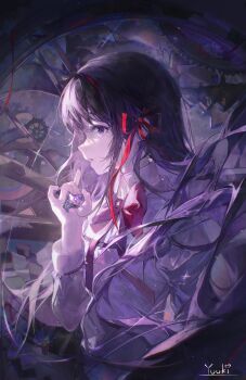 1girl absurdres akemi_homura black_hair bow bowtie brown_shirt chinese_commentary collared_shirt commentary_request cowboy_shot floating_hair gears gem hair_ribbon hairband high_collar highres holding holding_gem juliet_sleeves lace-trimmed_sleeves lace_trim layered_shirt light_particles long_hair long_sleeves mahou_shoujo_madoka_magica mahou_shoujo_madoka_magica_(anime) mitakihara_school_uniform procreate_(medium) puffy_sleeves purple_gemstone purple_theme red_bow red_bowtie red_hairband red_ribbon ribbon school_uniform shirt signature sleeve_cuffs solo soul_gem sparkle standing very_long_hair wavy_hair white_shirt yuuki_(yuuki08435994)