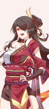 1girl :d absurdres bandages bare_shoulders beidou_(genshin_impact) black_hair breasts chest_sarashi cowboy_shot dress eyepatch genshin_impact grey_background hair_ornament hair_stick hand_on_own_hip highres large_breasts long_hair looking_at_viewer open_mouth red_dress red_eyes sarashi shidare_yanagi simple_background smile solo standing very_long_hair