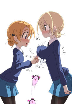 2girls absurdres black_pantyhose blonde_hair blue_eyes blush bouncing_breasts bow braid breasts closed_mouth darjeeling_(girls_und_panzer) girls_und_panzer hair_bow highres jinguu_(4839ms) large_breasts looking_at_another miniskirt multiple_girls open_mouth orange_hair orange_pekoe_(girls_und_panzer) pantyhose school_uniform simple_background skirt smile st._gloriana&#039;s_school_uniform white_background yuri