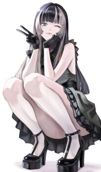 1girl absurdres belt black_belt black_gloves black_hair blue_eyes blunt_bangs commentary_request dhbwinner dress frilled_dress frills gloves grey_dress grey_hair hair_intakes highres hololive hololive_dev_is juufuutei_raden long_hair looking_at_viewer multicolored_hair one_eye_closed platform_heels sidelocks simple_background sleeveless sleeveless_dress smile solo squatting streaked_hair v white_background