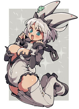1girl :d black_gloves black_hairband blue_eyes blush boots border breasts clover elbow_gloves elphelt_valentine fingerless_gloves four-leaf_clover frilled_leotard frills full_body gloves grey_background grey_boots grey_hair grey_leotard guilty_gear hairband hands_up itsuka_neru large_breasts leotard looking_at_viewer open_mouth outside_border parted_bangs short_hair smile solo spiked_hairband spikes swept_bangs thigh_boots thighs white_border
