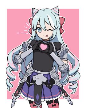 1boy absurdres androgynous blue_eyes blue_hair cone_hair_bun fire_emblem fire_emblem_engage folded_twintails garloo hair_between_eyes hair_bun hair_horns heart heart_hands highres long_hair looking_at_viewer nintendo pink_hair rosado_(fire_emblem) smile tongue tongue_out trap