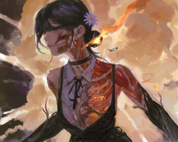 1girl absurdres black_choker black_dress black_gloves black_hair black_ribbon burning burnt_face chainsaw_man choker collared_shirt commentary_request dress elbow_gloves explosion explosion_background exposed_bone exposed_muscle fire gloves grenade_pin hair_bun hair_over_eyes highres injury neck_ribbon reze_(chainsaw_man) ribbon shirt short_hair sleeveless sleeveless_shirt solipsist solo teeth torn_clothes torn_shirt white_shirt