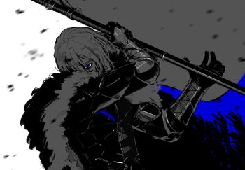 1boy areadbhar_(fire_emblem) arm_up armor arms_up black_gloves blue_cape blue_eyes breastplate cape commentary debris dimitri_alexandre_blaiddyd dimitri_alexandre_blaiddyd_(timeskip) eyepatch fire_emblem fire_emblem:_three_houses fur-trimmed_cape fur_trim gloves hashtag-only_commentary holding holding_polearm holding_weapon male_focus medium_hair neroneroblack nintendo one_eye_covered parted_bangs polearm solo upper_body weapon