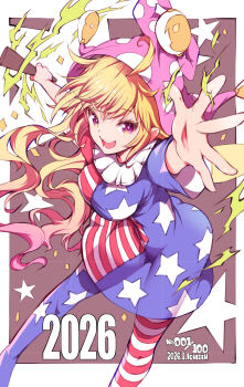 1girl 2026 :d alternate_breast_size_(larger) american_flag_dress american_flag_legwear artist_name blonde_hair blue_dress border breasts clownpiece commentary_request dated dress electricity foreshortening grey_background hat highres holding holding_torch ichizen_(o_tori) jester_cap large_breasts long_hair looking_at_viewer neck_ruff open_mouth outstretched_arms polka_dot_headwear purple_eyes purple_hat short_sleeves smile solo star_(symbol) tight_clothes tight_dress torch touhou very_long_hair watermark white_border