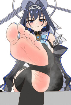 1girl barefoot black_hair blue_eyes blush feet highres hololive kir_o_kir looking_at_viewer medium_hair ouro_kronii smile soles steam stirrup_legwear sweat toeless_legwear toes white_background