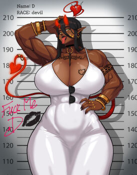 1girl abs absurdres arm_tattoo bracelet breasts collarbone commentary cowboy_shot cyborg demon_girl demon_horns demon_tail dress english_commentary english_text f.b.w forked_tongue gluteal_fold gold_bracelet hand_on_own_head hand_on_own_hip highres horns huge_breasts jewelry lipstick_mark measuring mugshot muscular muscular_female navel nipples original penis_measuring pointy_ears pubic_tattoo skin_seams skin_tight solo sunglasses tail tall_female tattoo tongue tongue_out white_dress
