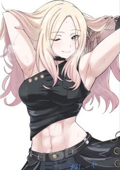 1girl abs armpits arms_behind_head arms_up black_shirt black_skirt blonde_hair flour_clavicule gakuen_idolmaster hands_in_own_hair highres idolmaster juo_sena long_hair looking_at_viewer multicolored_hair navel one_eye_closed pink_hair pink_streaks purple_eyes shirt signature simple_background skirt sleeveless sleeveless_shirt smile solo streaked_hair two-tone_hair upper_body white_background