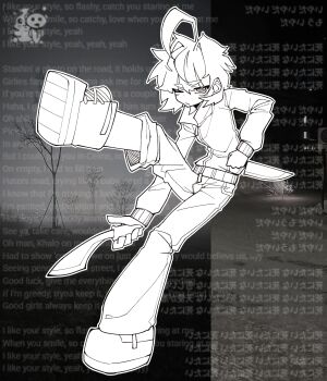 Rule 34 | 1boy, absurdres, ahoge, closed mouth, dual wielding, full body, greyscale with colored background, hair between eyes, highres, holding, holding knife, huge ahoge, jacket, knife, leg up, long sleeves, looking at viewer, lyrics, male focus, nightcore (n19htc0r333), one eye closed, original, pants, photo background, reddit, reddit logo, shoes, short hair, solo, style (2hollis)