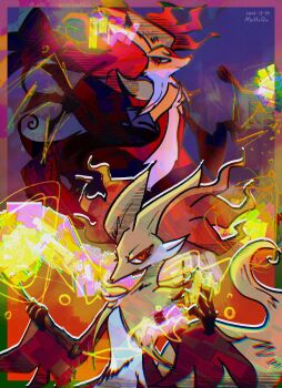 2025 border dated delphox fire gen_6_pokemon gradient_background green_border hands_up holding holding_stick looking_at_viewer mega_delphox mr_h202 nintendo no_humans pokemon pokemon_(creature) pokemon_focus purple_background red_background red_eyes stick upper_body