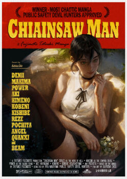 1girl absurdres artist_name black_choker black_hair black_ribbon black_shorts black_thighhighs chainsaw_man choker collared_shirt copyright_name flower green_eyes hair_between_eyes highres holding holding_flower katrina_chiu neck_ribbon poster_(medium) poster_parody pulp_fiction reze_(chainsaw_man) ribbon shirt short_hair shorts sidelocks sitting sleeveless sleeveless_shirt solo thighhighs white_flower white_shirt
