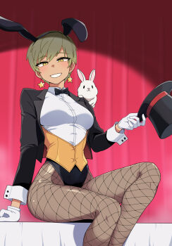1girl absurdres animal animal_ear_hairband animal_ears animal_on_shoulder black_bow black_bowtie black_hat black_jacket bow bowtie breasts brown_hair commentary curtains fake_animal_ears fishnet_pantyhose fishnets galois gloves hairband hat highleg highleg_leotard highres holding holding_unworn_clothes holding_unworn_hat jacket jamie_diaz leotard medium_breasts odyssey_(galois) pantyhose rabbit rabbit_ear_hairband rabbit_ears shirt short_hair sitting smile solo stage star_(symbol) top_hat traditional_bowtie unworn_hat unworn_headwear white_gloves white_shirt yellow_eyes