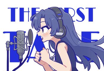Rule 34 | 1girl, blue hair, blue nails, brown eyes, english text, fingernails, fis (t83192933), from side, headphones, highres, idolmaster, idolmaster (classic), jewelry, kisaragi chihaya, long hair, looking ahead, microphone, music, nail polish, necklace, open mouth, profile, shirt, singing, sleeveless, sleeveless shirt, solo, studio microphone, the first take, upper body, white background