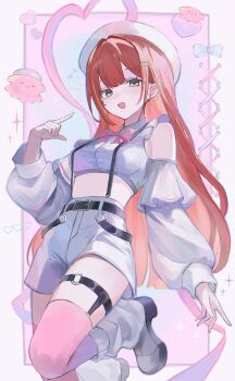 1girl :d akane_lize arm_at_side bare_shoulders belt belt_buckle beret bikini black_belt boots border breasts buckle center-flap_bangs clothing_cutout commentary creature crop_top cropped_shirt cross cross_earrings double-parted_bangs earrings foot_out_of_frame hand_up hat highres jewelry leg_up long_hair long_sleeves loose_socks medium_breasts midriff mole mole_under_eye multicolored_hair nctr0o o-ring o-ring_thigh_strap open_clothes open_mouth outside_border pienna_(akane_lize) pink_thighhighs pointing pointing_at_self red_hair shirt short_shorts shorts shoulder_cutout smile socks socks_over_thighhighs solo stellive straight_hair streaked_hair suspender_shorts suspenders swimsuit symbol-only_commentary thigh_strap thighhighs untied_bikini virtual_youtuber white_border white_hat white_shirt white_shorts white_socks