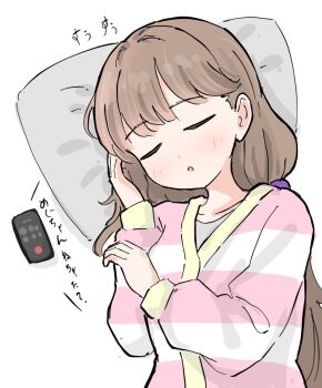 1girl :o brown_hair cardigan cellphone commentary_request fujishima_megumi link!_like!_love_live! long_hair long_sleeves love_live! low_twintails phone pink_cardigan simple_background sleeping smartphone solo tazaki_masanobu twintails upper_body virtual_youtuber white_background