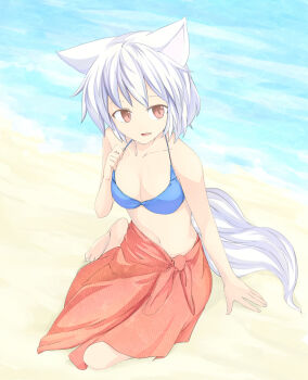 Rule 34 | 1girl, barefoot, beach, bikini, blue bikini, breasts, cleavage, female focus, inubashiri momiji, kokutei n, navel, no headwear, open mouth, red eyes, short hair, solo, swimsuit, touhou, white hair