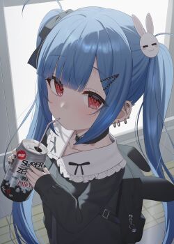 1girl absurdres backpack bag belt_collar black_bag black_bow black_cardigan black_collar black_nails black_ribbon blue_hair bow can cardigan collar collarbone commentary_request drink_can drinking drinking_straw ear_piercing frilled_shirt_collar frills hair_ornament hair_ribbon hairclip hickey highres holding holding_can kanae_(tsukiman) long_hair long_sleeves looking_at_viewer nail_polish original piercing rabbit_hair_ornament red_eyes ribbon solo tsukiman twintails very_long_hair