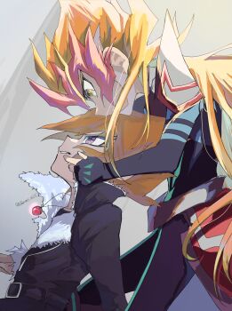 2boys alternate_form annoyed bead_necklace beads behind_another black_bodysuit black_coat blonde_hair bodysuit coat colored_bangs commentary_request facing_another facing_to_the_side finger_to_another's_cheek fur-trimmed_coat fur_trim fusion grey_background hair_slicked_back hand_on_another's_cheek hand_on_another's_face hands_on_ground highres jewelry kneeling leaning_back leaning_forward leaning_on_person looking_at_another looking_down male_focus multiple_boys necklace on_ground orange_hair popped_collar purple_eyes red_coat shoulder_pads sitting sleeves_past_wrists spiked_hair tenms_2515 tsukumo_yuma upper_body vector_(yu-gi-oh!) yellow_eyes yu-gi-oh! yu-gi-oh!_zexal