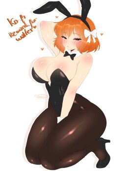 1girl absurdres animal_ear_hairband animal_ears arm_behind_head arm_freckles between_legs black_bow black_bowtie black_hairband black_leotard black_shoes blush body_freckles bow bowtie breast_freckles breasts brown_pantyhose closed_mouth commentary commission commissioner_name detached_collar drop_shadow english_text eyelashes fake_animal_ears freckles full_body hair_bow hairband hand_between_own_legs heart high_heels highres ishmael_(project_moon) kneeling ko-fi_commission large_breasts leotard limbus_company orange_hair pantyhose playboy_bunny project_moon rabbit_ear_hairband rabbit_ears sacchanart shiny_skin shoes short_hair shoulder_freckles simple_background solo strapless strapless_leotard thick_thighs thighs white_background white_bow