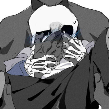 2boys asphyxiation black_shorts blue_jacket blush bright_pupils covering_another's_mouth grey_hood heichiyo holding_another's_legs hollow_eyes hood hood_down hooded_jacket interspecies jacket male_focus multiple_boys open_clothes open_jacket sans_(undertale) shirt shorts simple_background skeleton solo_focus spread_legs sweatdrop undertale utdr_(toby_fox) white_background white_pupils white_shirt yaoi