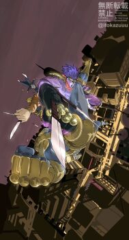 2boys artist_name battle commentary_request dio_brando fighting_stance highres holding holding_knife itokazuuu jojo_no_kimyou_na_bouken knife kuujou_joutarou male_focus multiple_boys signature stand_(jojo) star_platinum stardust_crusaders the_world twitter_username