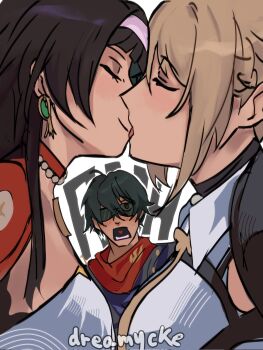 Rule 34 | 1boy, 2girls, artist name, astra yao, black hair, blonde hair, blush, breasts, chest harness, closed eyes, closed mouth, commentary, earrings, english commentary, evelyn chevalier, from side, green eyes, green hair, hair between eyes, hairband, harness, heart, heart in mouth, highres, jewelry, kiss, large breasts, lighter (zenless zone zero), multiple girls, myata (dreamycke), necklace, necktie, open mouth, pearl necklace, red pupils, red scarf, red shrug, scarf, shirt, short hair, shrug (clothing), sunglasses, tongue, tongue out, white background, white hairband, white shirt, yellow necktie, yuri, zenless zone zero