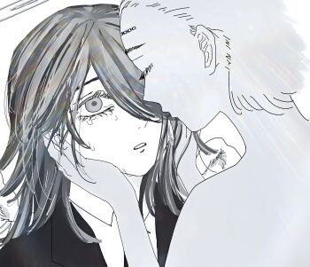 Rule 34 | 1boy, 1girl, angel devil's lover, angel devil (chainsaw man), angel wings, chainsaw man, check translation, closed eyes, crying, crying with eyes open, formal clothes, ghost, halo, hand on another's face, highres, limited palette, long hair, numaguri xxx, remembering, short hair, spoilers, straight hair, suit, tears, translation request, wings