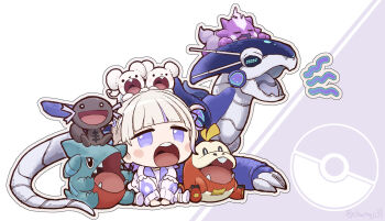 1girl :o blonde_hair blush_stickers chamaji chibi fuecoco gen_4_pokemon gen_8_pokemon gible highres hololive hololive_dev_is jacket miraidon nintendo on_head open_mouth paldean_wooper poke_ball_symbol pokemon pokemon_(creature) purple_eyes tandemaus todoroki_hajime todoroki_hajime_(1st_costume) toxel twitter_username two_side_up virtual_youtuber yawning