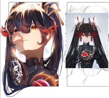 1girl black_hair black_jacket hair_between_eyes hair_ornament jacket long_hair lucia:_pyroath_(prestigious_accolade)_(pgr) lucia_(pgr) multicolored_hair official_alternate_costume punishing:_gray_raven red_hair red_streaks solo streaked_hair twintails very_long_hair yuki_runran