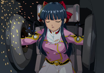 1girl blue_hair bow breasts closed_eyes defeat hair_ribbon highres legs long_hair medium_breasts military_uniform pants parted_lips ponytail red_bow ribbon sakura_taisen sega shinguuji_sakura sitting solo sweatdrop thighs tongue torn_clothes unconscious