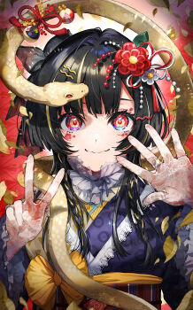 1girl 2025 black_bow black_hair blonde_hair bow chinese_zodiac closed_mouth commentary_request facial_mark falling_leaves finger_counting flower_facial_mark flower_symbol frilled_sleeves frills gloves hair_bow hair_ornament hairclip hands_up high_collar highres japanese_clothes jewelry kanzashi kimono lace lace_gloves lace_trim leaf long_sleeves looking_at_viewer mark_under_both_eyes multicolored_eyes multicolored_hair multicolored_kimono multiple_rings new_year obi open_hand original palms pinstripe_kimono pinstripe_pattern purple_kimono red_background red_eyes ring sash scales see-through_bow see-through_clothes see-through_gloves shinishi_chiho smile snake solo spread_fingers straight-on streaked_hair tsumami_kanzashi two-tone_hair unmoving_pattern upper_body v wavy_mouth white_gloves wide_sleeves year_of_the_snake yellow_bow yellow_eyes yellow_sash
