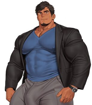 1boy bara biceps black_jacket blue_shirt broad_shoulders brown_eyes brown_hair bulge chest_hair covered_abs covered_erect_nipples facial_hair goatee grey_pants hand_hair highres huge_pectorals jacket kuromine_hiraya large_bulge light_smile looking_at_viewer male_focus muscular muscular_male mustache_stubble open_clothes open_jacket original pants parted_bangs pectoral_cleavage pectorals shirt side_part simple_background solo stubble suit_jacket thick_arms thick_eyebrows thick_thighs thighs tight_clothes tight_pants tight_shirt v-neck watch white_background wristwatch