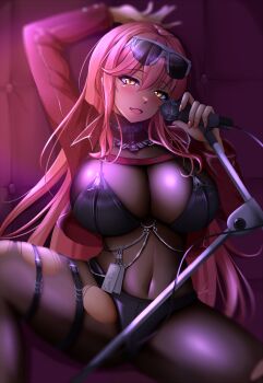 1girl arm_up black_bra bodystocking bra breasts chain cleavage collared_jacket commentary_request cropped_jacket eyewear_on_head goddess_of_victory:_nikke hair_between_eyes highres jacket large_breasts leni1995 long_sleeves looking_at_viewer lying nail_polish on_back open_clothes open_jacket open_mouth pink_hair pink_jacket pink_nails pink_theme purple-tinted_eyewear skindentation solo spread_legs thigh_strap tinted_eyewear torn_bodystocking torn_clothes underwear volume_(nikke) yellow_eyes