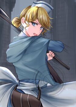 1girl axe blonde_hair blue_eyes castti_florenz commentary_request hair_bun hat highres holding holding_axe looking_at_viewer looking_back motion_lines nurse nurse_cap octopath_traveler octopath_traveler_ii open_mouth pouch sayumesno short_hair single_hair_bun solo standing watermark